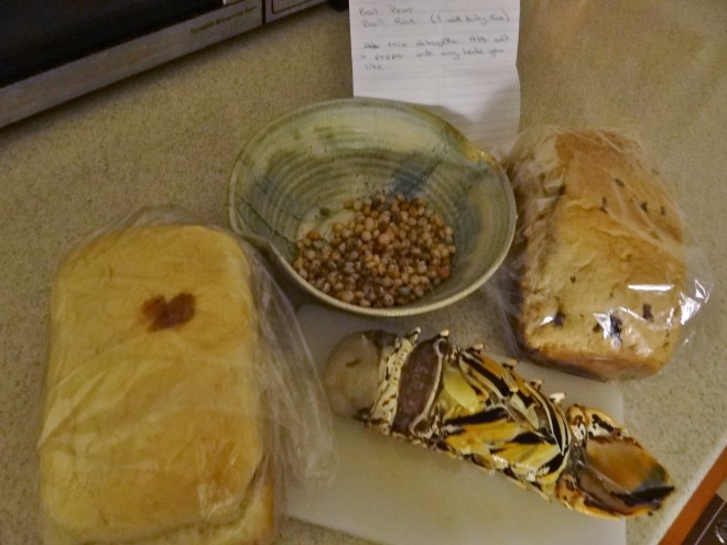 Our Bahamian foods: coconut and raisin breads, the peas and a lobster tail.