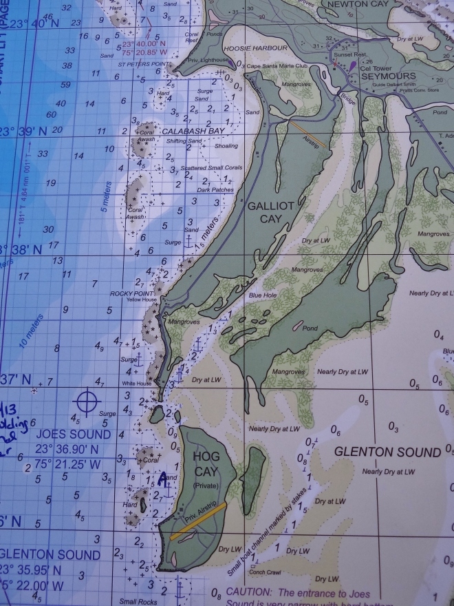Chart view of our dinghy tour- starts at "A" by Hog Cay, up the east side of Galliot, cutting over then down