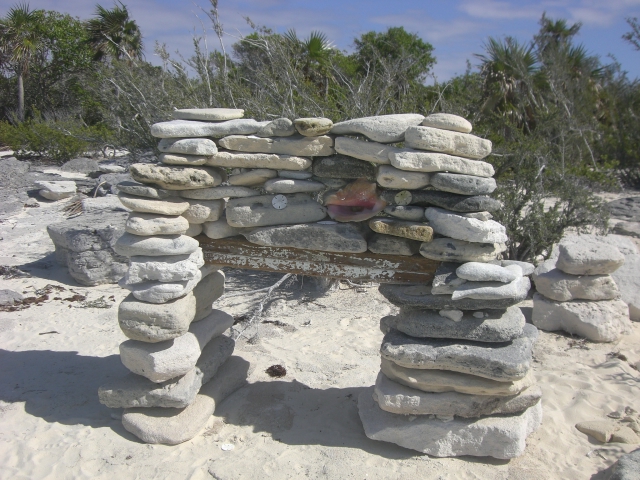 A massive cairn on the beach at Big Farmers Cay.