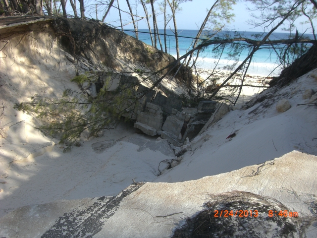 Multi-storm damage at the base by the beach bluffs