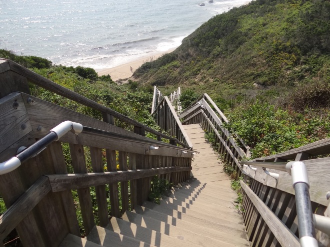 Looking down the more than 120 steps to the beach at Mohegan Bluffs