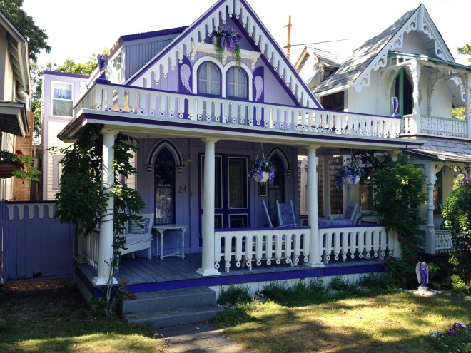 A darling purple gingerbread house in "Cottage City"