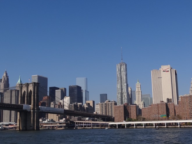 New York City skyline, Tower One in center and Brooklyn Bridge to left