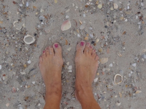 Sand, shells toes on the beach- life is good!