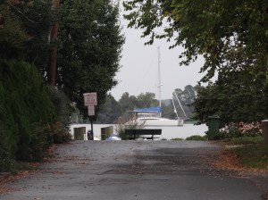 Looking down Market St to the dinghy dock and Ortolan anchored (farther away than she looks)