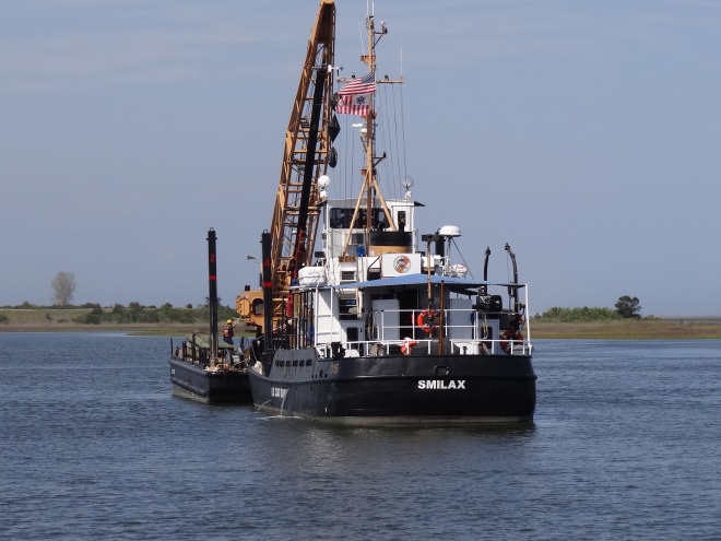CG Cutter Smilax and her work barge replace ICW daymark near Carolina Beach