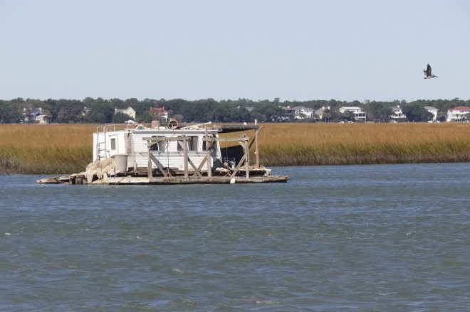 Came upon this camper house boat thing on our way to anchoring in Long Creek