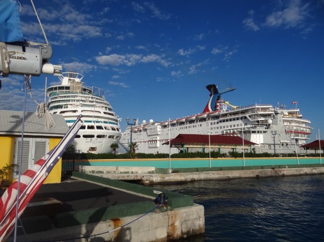 Cruise ships in their berths, Ortolan in hers- all in one piece