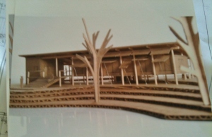 Cardboard scale model of future camp-style house- front view