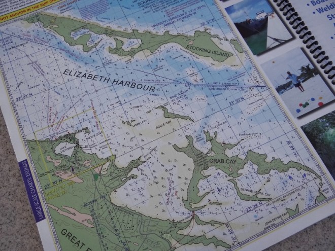 Elizabeth Harbor with Stocking island anchorages near the top and Red Shanks near bottom right