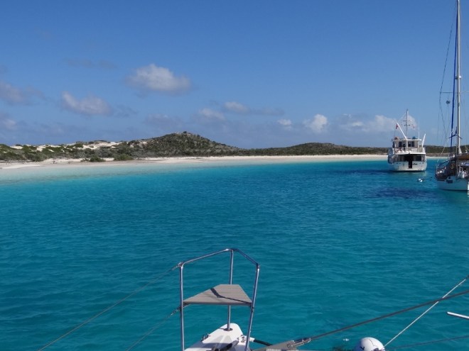 Our view from ball #7 at Warderick Wells- Boo Boo Hill in distance