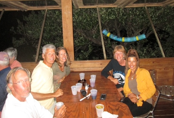 Keith, Russ, Moi, Linda and Masha -ready for buffet and bonfire at Cracker P's