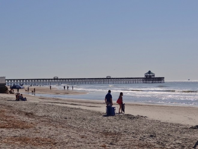 Folly Beach and the lonnnnng pier shortly after low tide