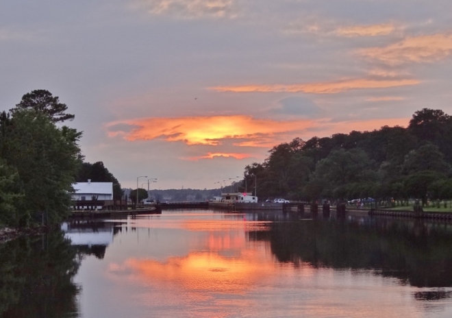 Sunset view of the lock at Great Bridge VA as seen from the free dock between the lock and bridge