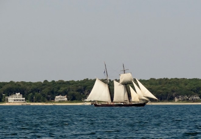 Sailing ship Shenandoah heads out of Vineyard Haven harbor