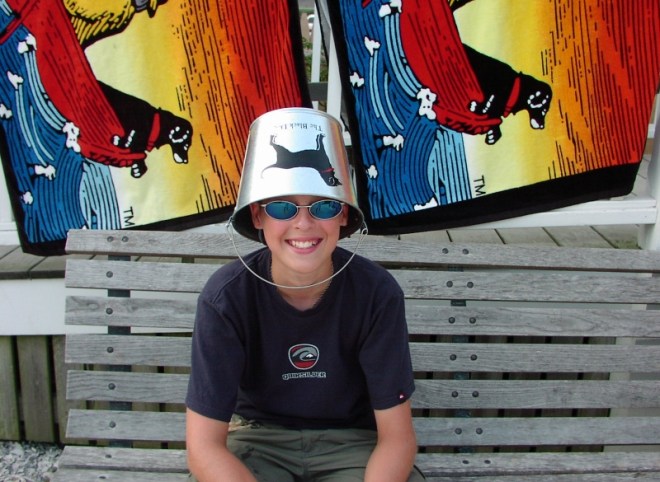 Aug 2005: after lunch while I shop, Benj gets silly for the camera