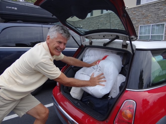 Stuff that MINI- packed full for the drive to VA and then we bought pillows!