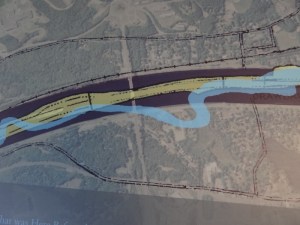 A huge display showed the river (blue) that eventually became today's canal (dark). The yellow shows the first attempt.