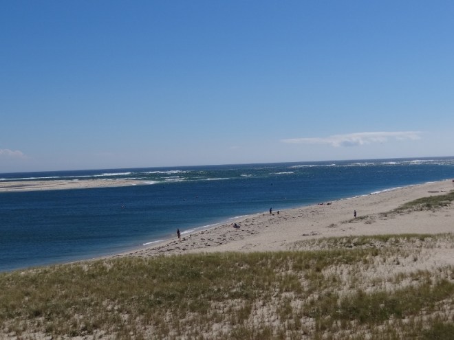 Chatham Beach looking out toward the surf-lined tricky entrance to the small harbor