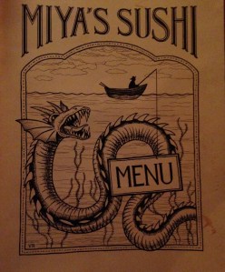 The cover of Miya's lengthy menu hints at the delightfully described choices within