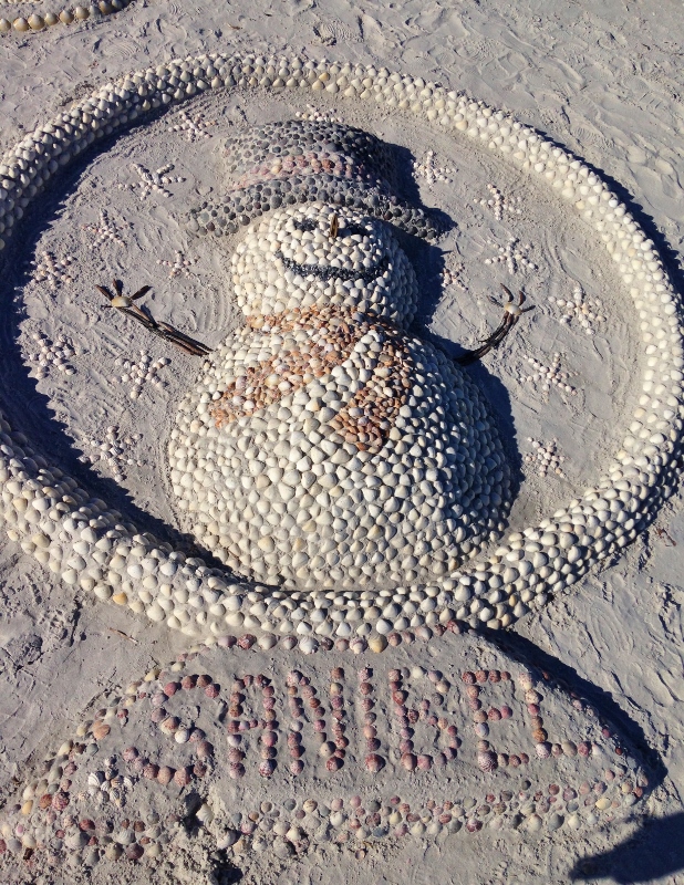 Sand Snowman on the beach with shell accents