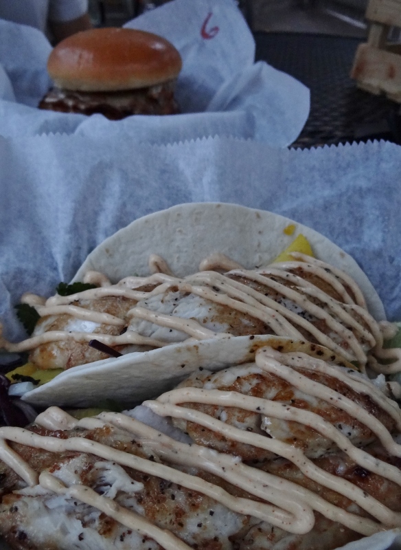 Mahi tacos for me and a not-your-usual Bacon Cheeseburger for Russ