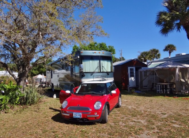 Our site. Note the overhanging branches and the small shed to our right