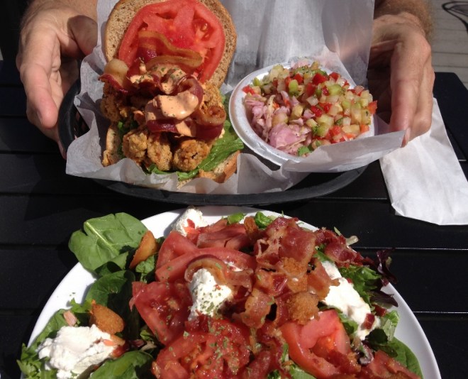 Oyster Po'Boy and Garlic bread BLT/Greens/Ricotta Salad with Grapefruit dressing.