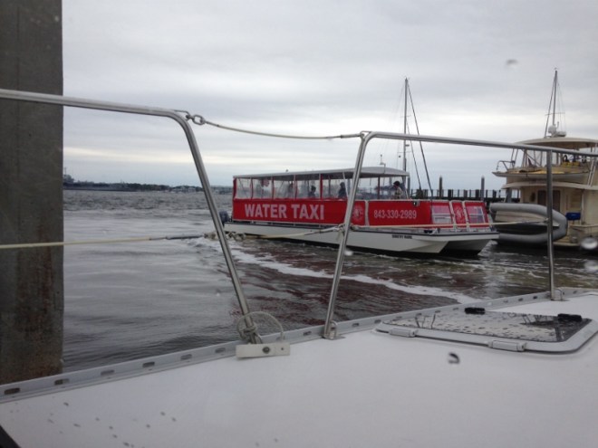 Water taxi muscles its way out into wind and current- got much worse during the day