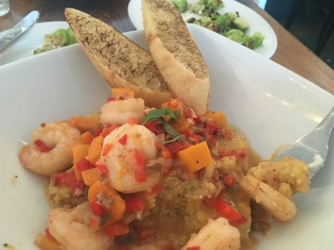 Surf House: Shrimp & Grits, smokey bread, roasted Brussel sprouts with Burata and chopped cashews- compliments of the chef- delish