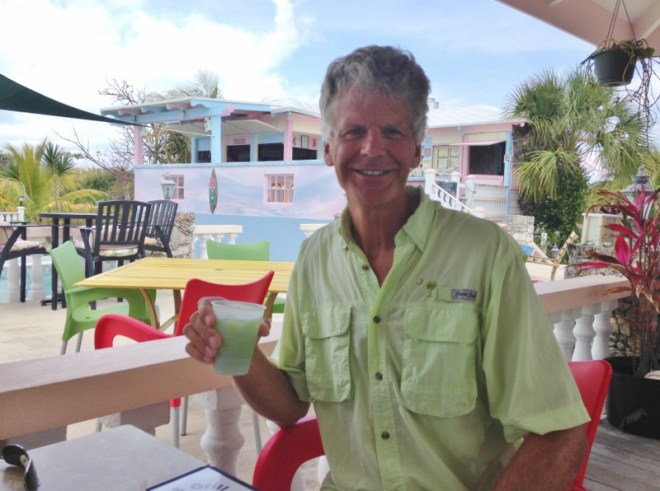 Leanin' Lizard at Leeward YC, Green Turtle Cay. Isn't it great how Russ's drink matches his shirt?
