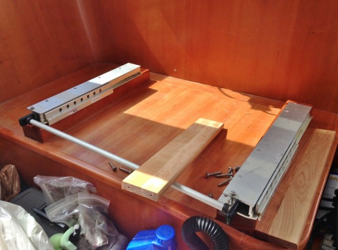 Raising helm seat -unused spice rack pieces from Catskill Craftsmen RV cabinet