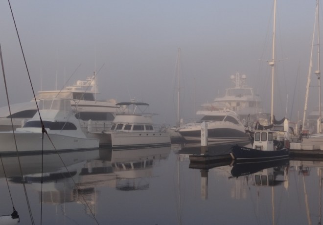 The fog rolls in at Ashley River Marina. PDQ Chloe Grace is for sale
