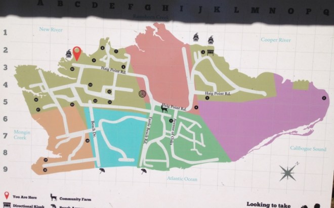 A map of Daufuskie. Rum Distillery near the H in Haig Point Rd