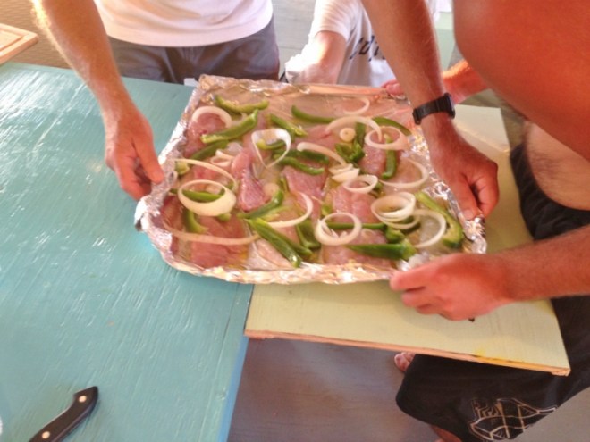 Transfer- from table to plywood for transport to the grill